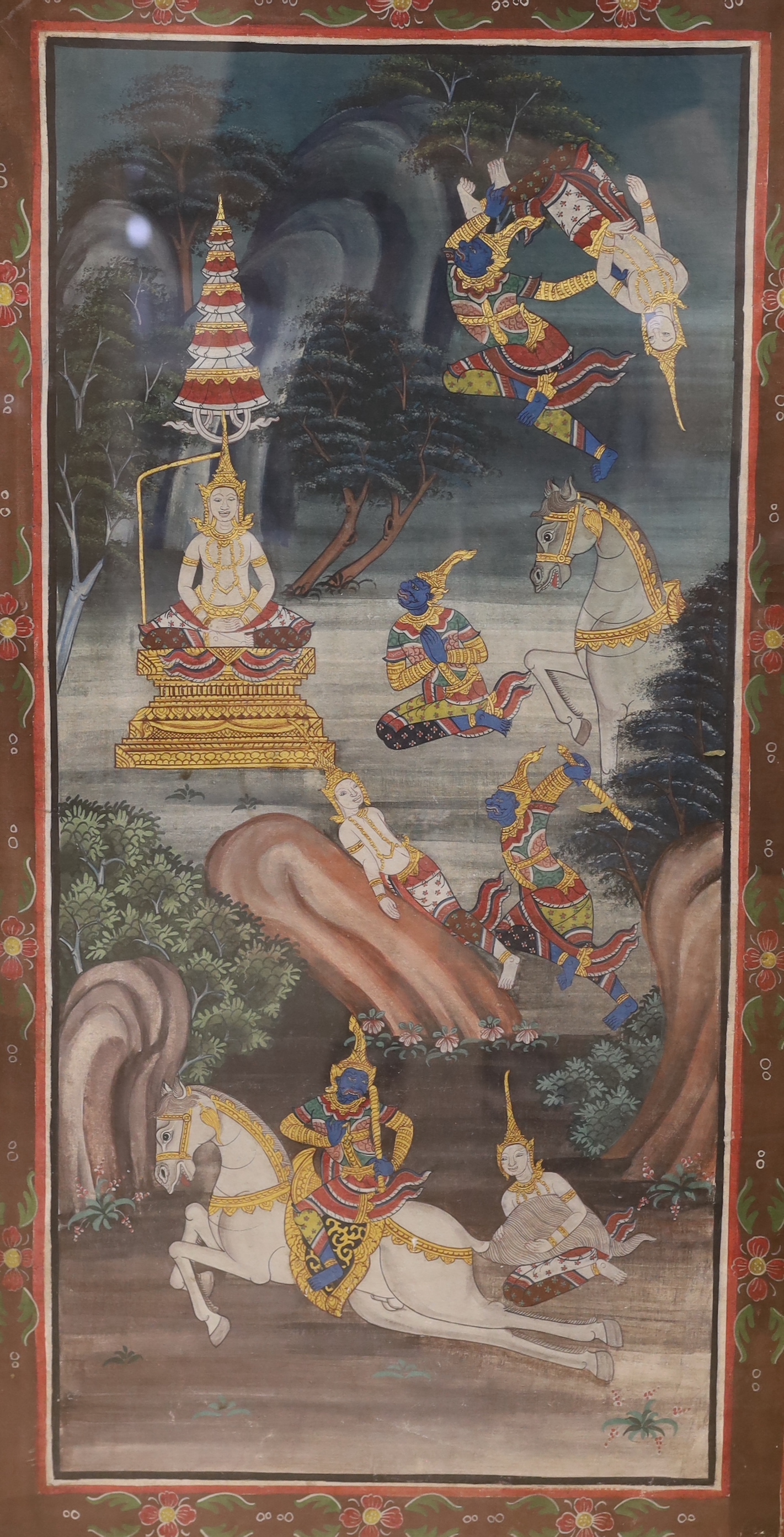 Asian School, three watercolours heightened with gilt, Scenes from folklore, 68 x 31cm, overall painted area 78 x 40cm